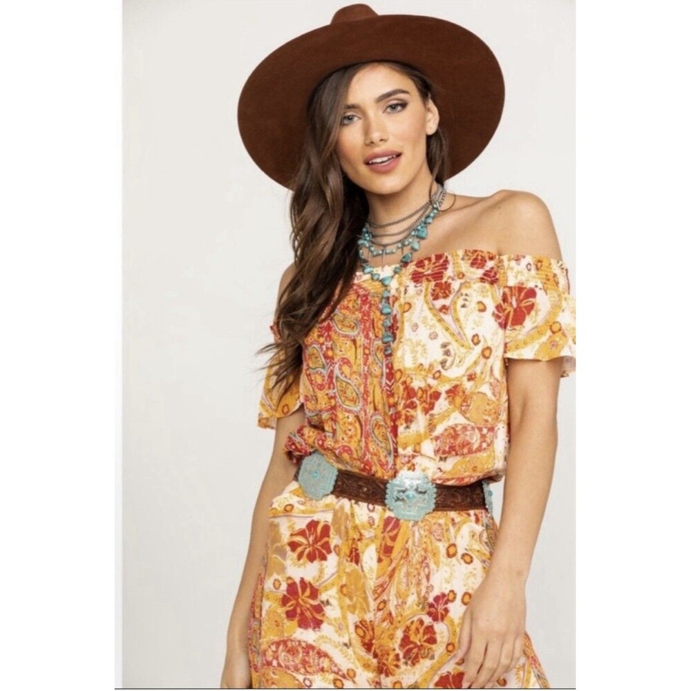 Free People Carmen Off-the-Shoulder Jumpsuit Orange Floral Print Boho Size XS - Picture 3 of 10